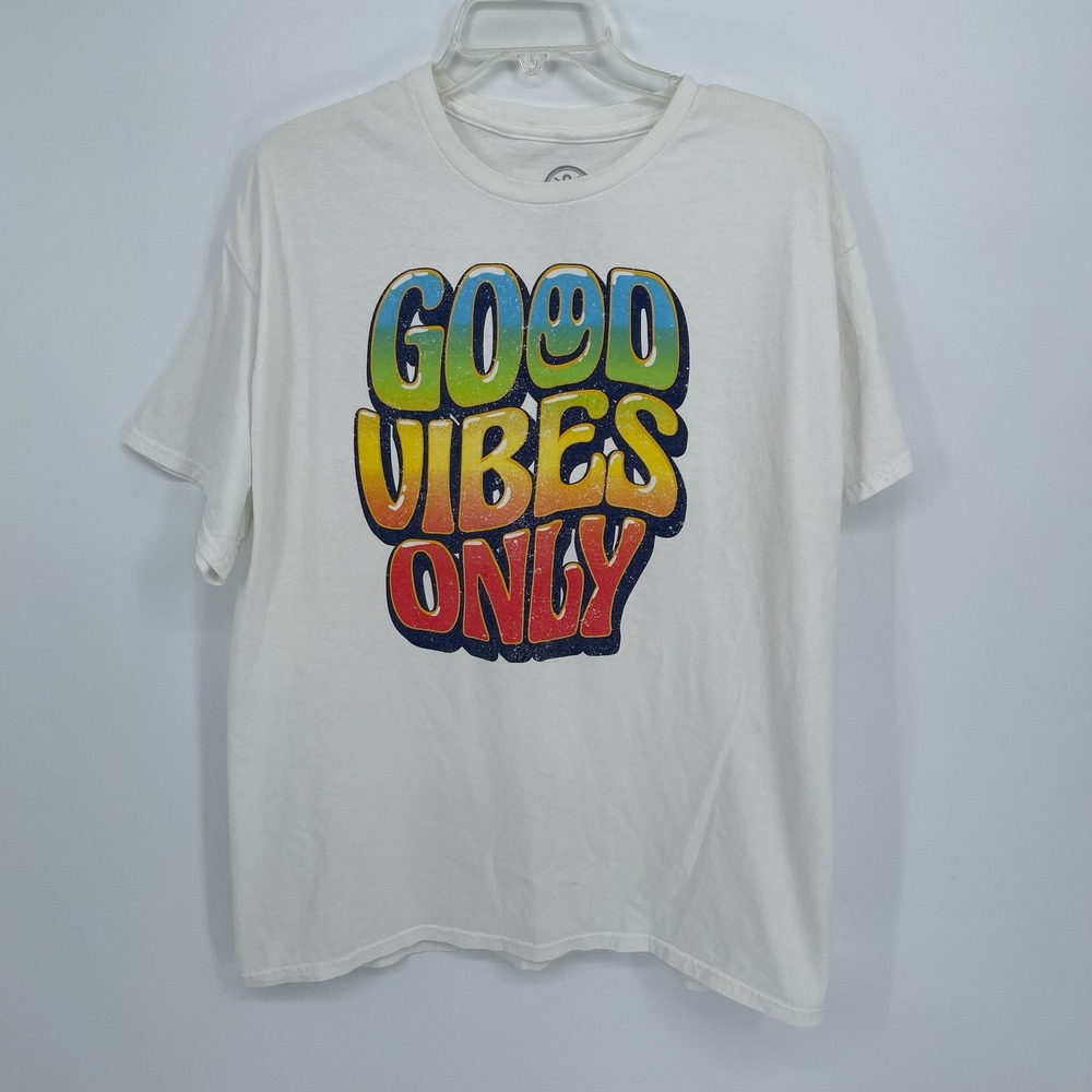 DOM Men's White Good Vibes‎ Only Smiley Face Graphic Short Sleeve T-Shirt XL